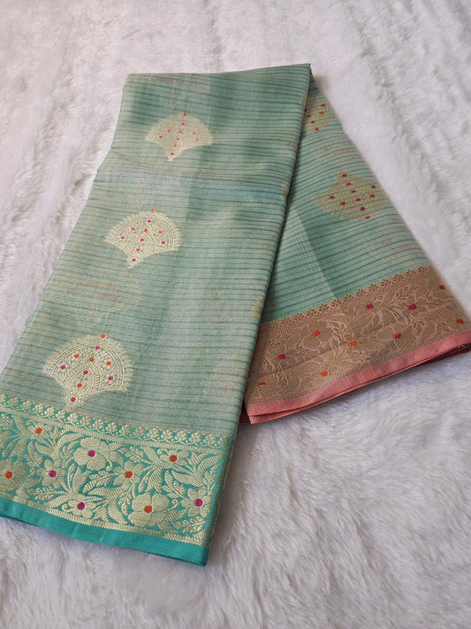 Banarasi Premium Tissue Silk Saree – Sky Blue with Dual Contrast Woven Border