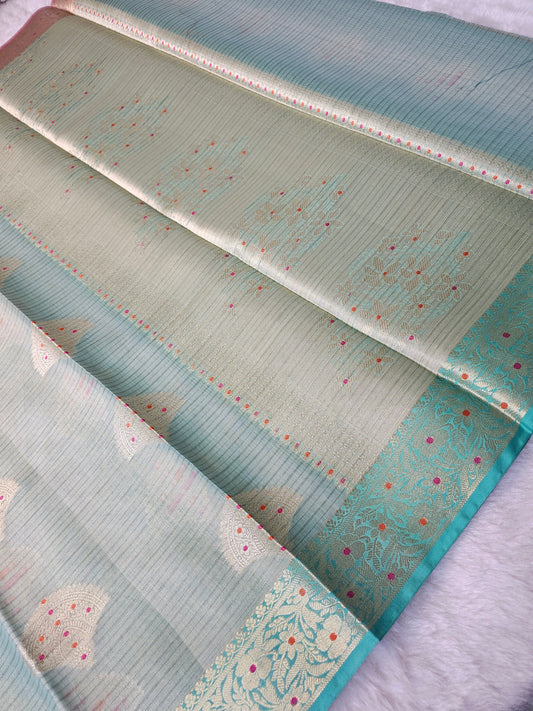 Banarasi Premium Tissue Silk Saree – Sky Blue with Dual Contrast Woven Border