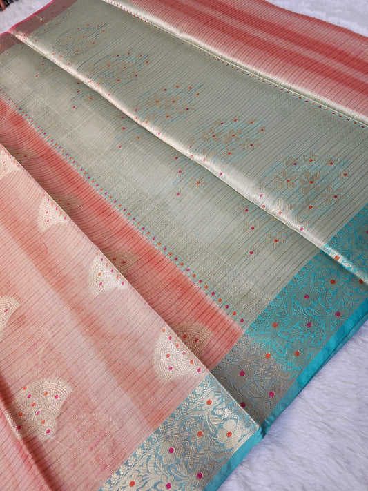 Banarasi Premium Tissue Silk Saree with Dual Tone Weaving & Contrast Aqua Blue Zari Border