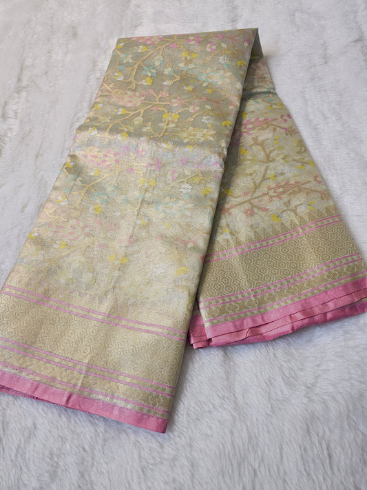 Banarasi Premium Tissue Silk Saree with Pastel Floral Weaving & Pink Zari Border
