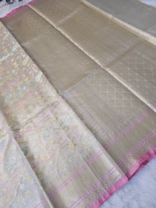 Banarasi Premium Tissue Silk Saree with Pastel Floral Weaving & Pink Zari Border
