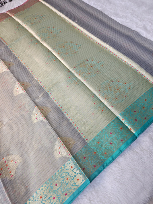 Banarasi Premium Tissue Silk Saree with Zari Buti & Dual Tone Woven Border