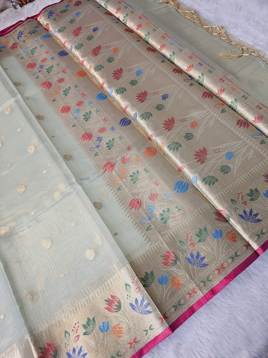 Banarasi Premium Tissue Silk Saree with Gold Zari Buti & Multicolor Floral Border