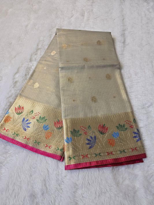 Banarasi Premium Tissue Silk Saree with Multicolor Floral Border & Gold Zari Buti