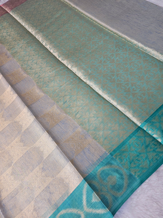 Banarasi Premium Tissue Silk Saree with Dual-Tone Zari Weave & Contrast Woven Border