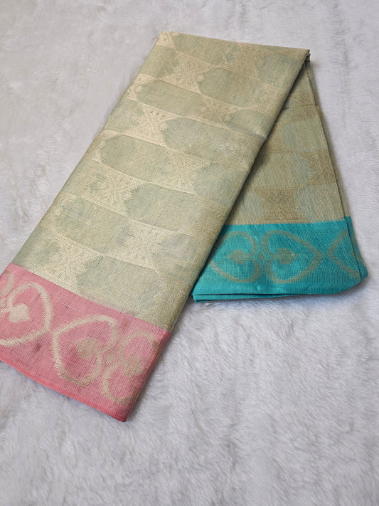 Banarasi Premium Tissue Silk Saree with Dual Contrast Borders & Elegant Zari Weaving