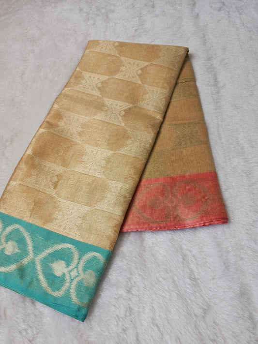 BanarasiPremium Golden Tissue Silk Saree with Dual Contrast Borders & Geometric Zari Weave