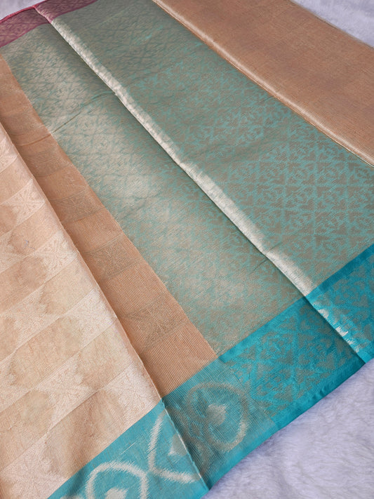 BanarasiPremium Golden Tissue Silk Saree with Dual Contrast Borders & Geometric Zari Weave