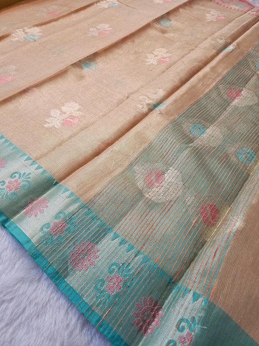 Banarasi Premium Golden Champagne Tissue Silk Saree with Pastel Floral Buti & Dual Contrast Floral Border