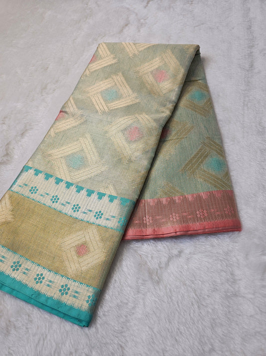 Banarasi Premium Golden Champagne Tissue Silk Saree with Geometric Zari Weaving & Dual Contrast Borders