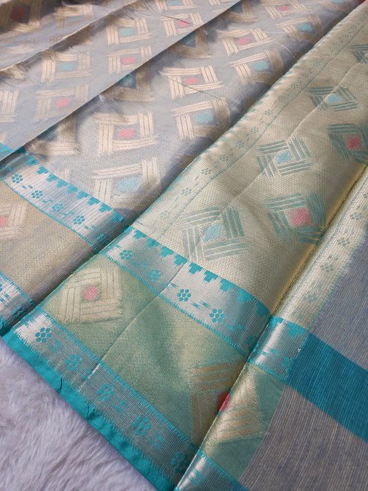 BanarasiPremium Golden Champagne Tissue Silk Saree with Geometric Zari Weaving & Contrast Turquoise Border