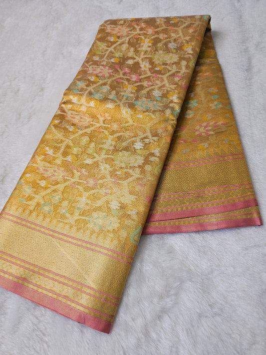 Banrasi Premium Golden Champagne Tissue Silk Saree with Pastel Floral Jaal & Blush Pink Border