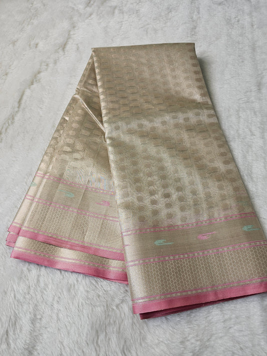 Banarasi Premium Golden Champagne Tissue Silk Saree with Self Geometric Zari Weaving & Blush Pink Border