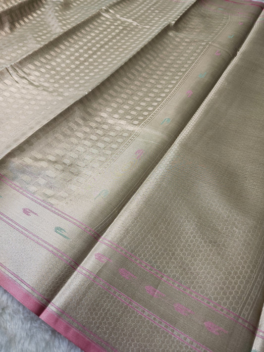 Banarasi Premium Golden Champagne Tissue Silk Saree with Self Geometric Zari Weaving & Blush Pink Border