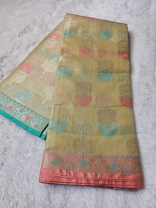 Banarasi Premium Golden Champagne Tissue Silk Saree with Artistic Zari Motifs & Contrast Borders