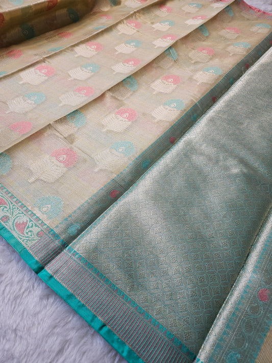 Banarasi Premium Golden Champagne Tissue Silk Saree with Artistic Zari Motifs & Contrast Borders