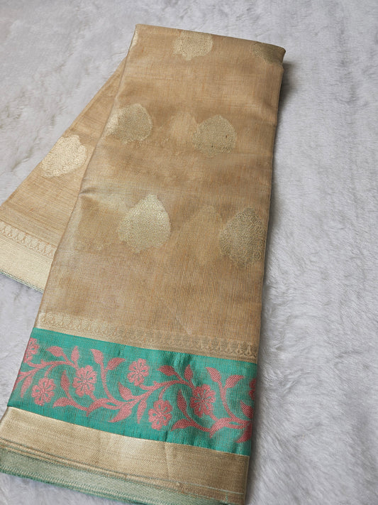 Banarasi Premium Golden Champagne Tissue Silk Saree with Gold Zari Buttis & Turquoise Floral Border