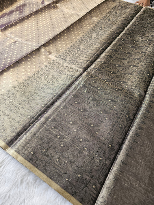 Banarasi Premium Charcoal Grey Tissue Silk Saree with Gold Checkered Zari Weaving