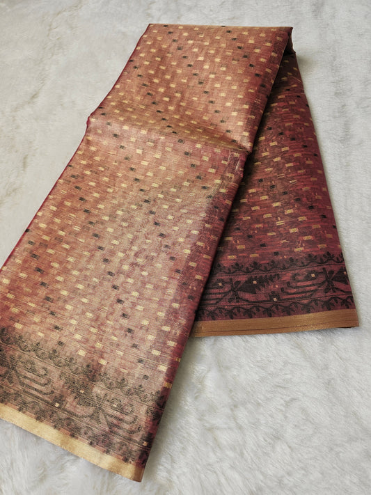 Banarasi Premium Wine Tissue Silk Saree with Gold Checkered Zari Weaving
