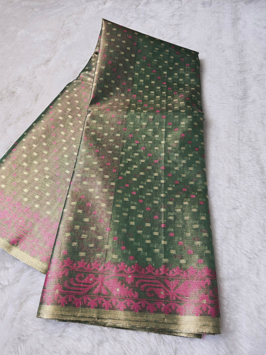 Banarasi Premium Olive Green Tissue Silk Saree with Gold Checkered Zari Weaving & Magenta Border