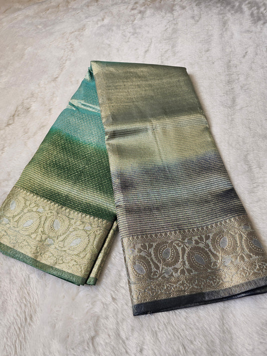 Banarasi Premium Emerald Green Tissue Silk Saree with Gold Zari Border & Designer Pallu