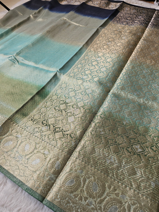 Banarasi Premium Emerald Green Tissue Silk Saree with Gold Zari Border & Designer Pallu