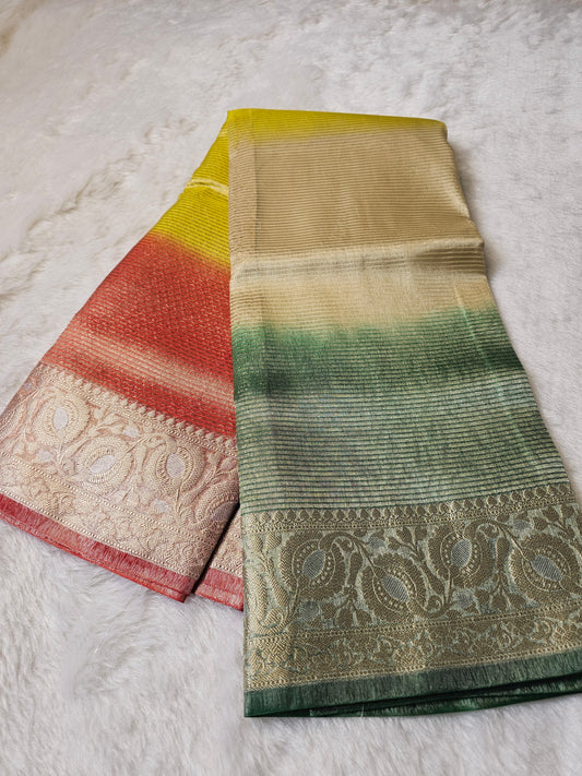 Banarasi Premium Ombre Tissue Silk Saree in Lime Yellow, Ivory & Forest Green with Antique Gold Zari Border