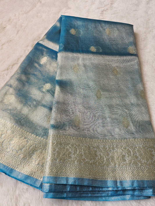 Banarasi Premium Sky Blue Tissue Silk Saree with Silver Zari Butti & Rich Floral Woven Border