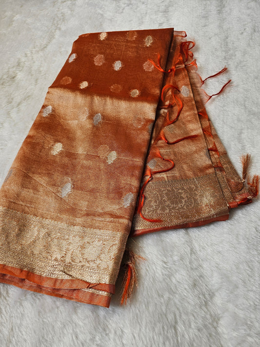 Banarasi Premium Copper Rust Tissue Silk Saree with Silver Zari Butti, Floral Woven Border & Tassel Pallu