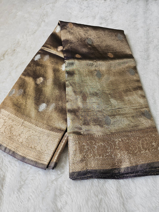 Banarasi Premium Coffee Brown Tissue Silk Saree with Silver Zari Butti & Rich Floral Woven Border