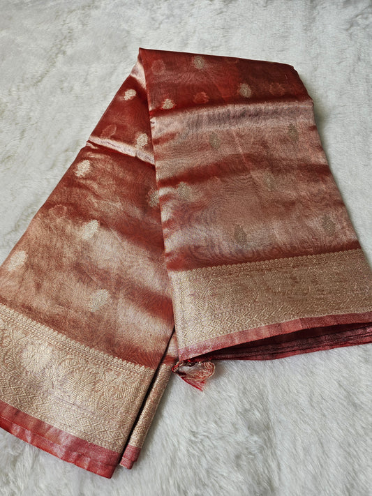 Banarasi Premium Rust Copper Tissue Silk Saree with Silver Zari Buttis & Floral Woven Pallu