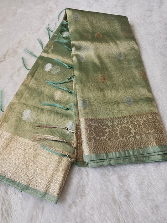 Banarasi Premium Olive Green Tissue Silk Saree with Dual-Tone Zari Buttis & Floral Woven Pallu