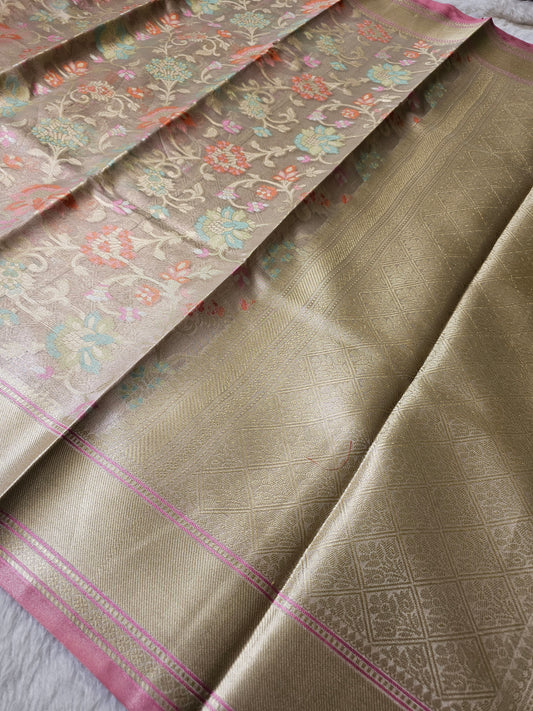 Banarasi Premium Beige Tissue Silk Saree with Multicolor Floral Zari Weaving & Rich Gold Border