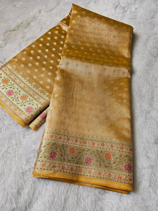 Banarasi Premium Mustard Yellow Tissue Silk Saree with Multicolor Floral Zari Border & Butti Weaving
