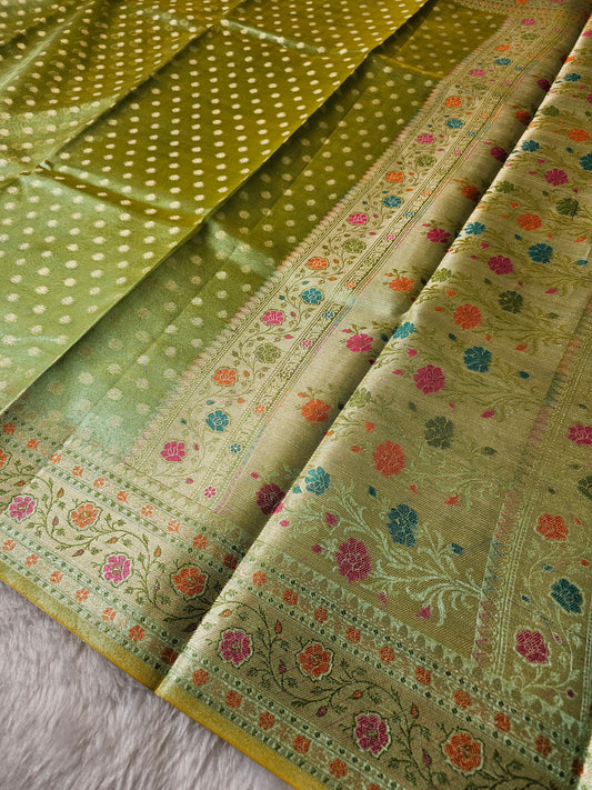 Banarasi Premium Pistachio Green Tissue Silk Saree with Silver Zari Butti & Multicolor Floral Woven Border