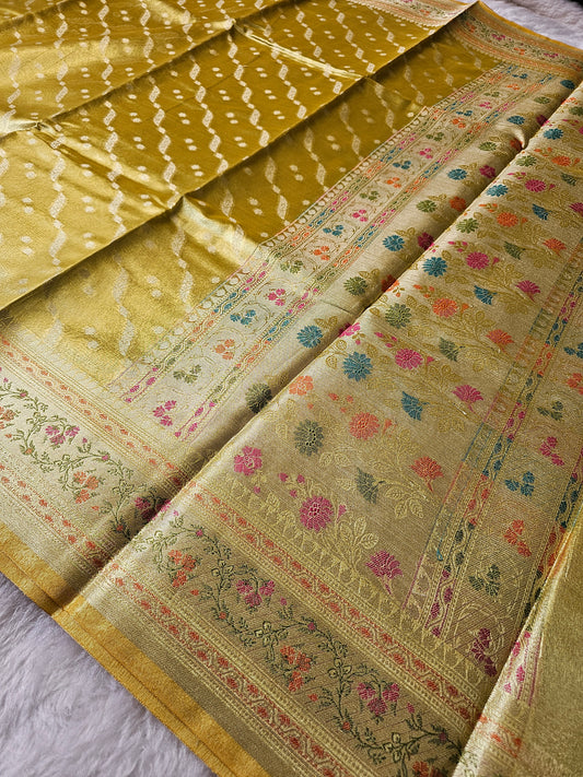 Banarasi Premium Mustard Gold Tissue Silk Saree with Silver Zari Leheriya Butti & Multicolor Floral Border