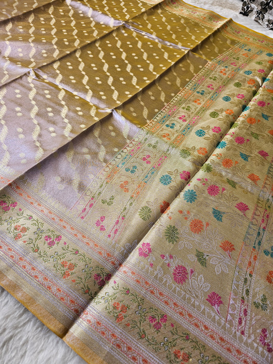 Banarasi Premium Gold Tissue Silk Saree with Silver Zari Leheriya Weaving & Multicolor Floral Banarasi Border