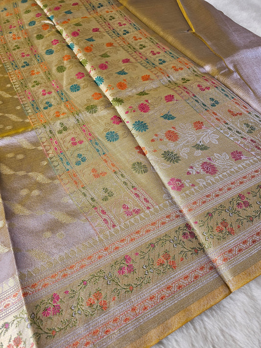 Banarasi Premium Gold Tissue Silk Saree with Silver Zari Leheriya Weaving & Multicolor Floral Banarasi Border