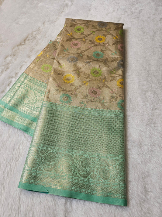 Banarasi Premium Aqua Blue Tissue Silk Saree with Multicolor Floral Weaving & Rich Self Woven Pallu
