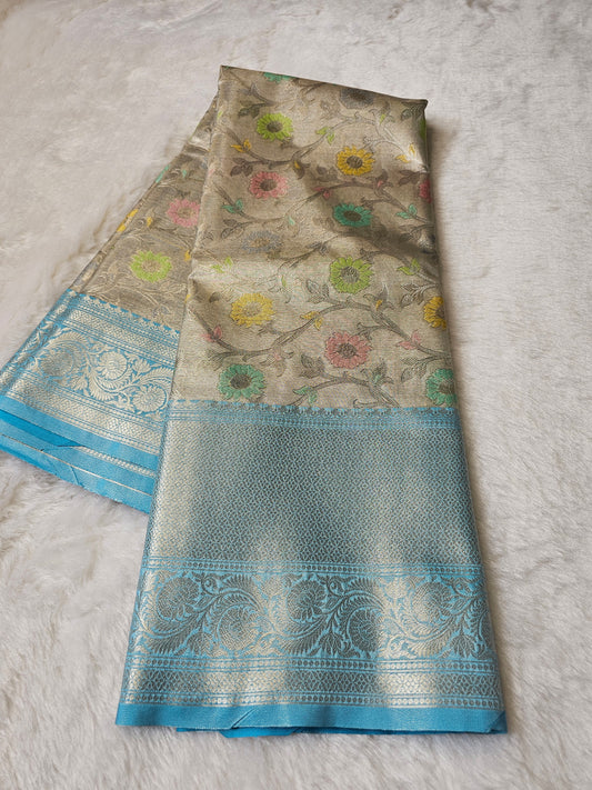 Banarasi Premium Aqua Blue Tissue Silk Saree with Multicolor Floral Weaving & Rich Jacquard Pallu