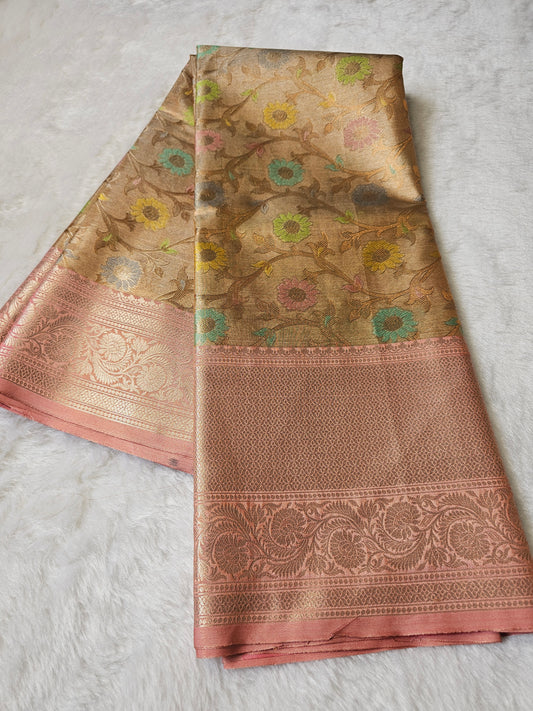 Banarasi Premium Rose Pink Tissue Silk Saree with Multicolor Floral Weaving & Rich Jacquard Pallu