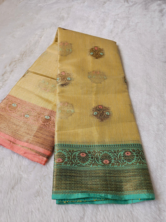 Banarasi Premium Printed Tissue Silk Saree with Paisley Motifs & Aqua Blue Woven Pallu