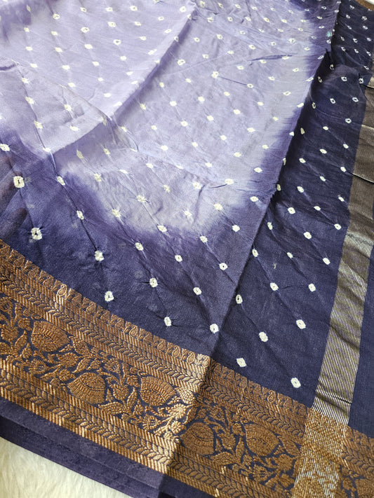 Banarasi Navy Blue Pure Bandhani Cotton Silk Saree with Traditional Zari Woven Border