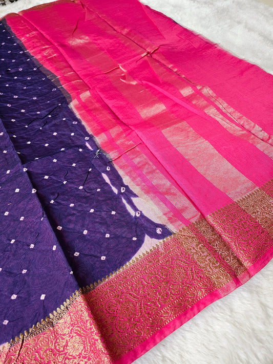 Banarasi Royal Navy Blue & Rani Pink Bandhani Cotton Silk Saree with Rich Zari Woven Border