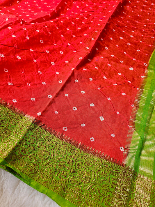 Banarasi Red & Parrot Green Bandhani Cotton Silk Saree with Rich Zari Woven Border