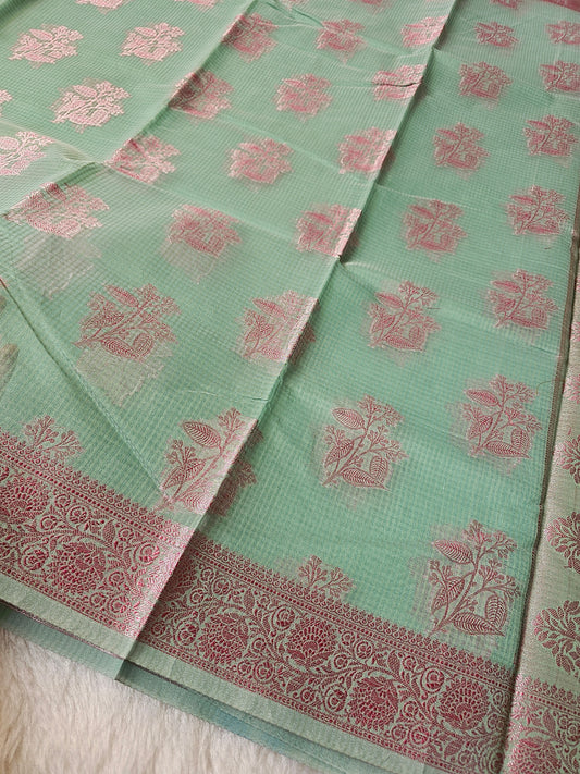 Banarasi Elegant Mint Green Kota Cotton Silk Saree with Pink Zari Floral Buttis & Woven Border