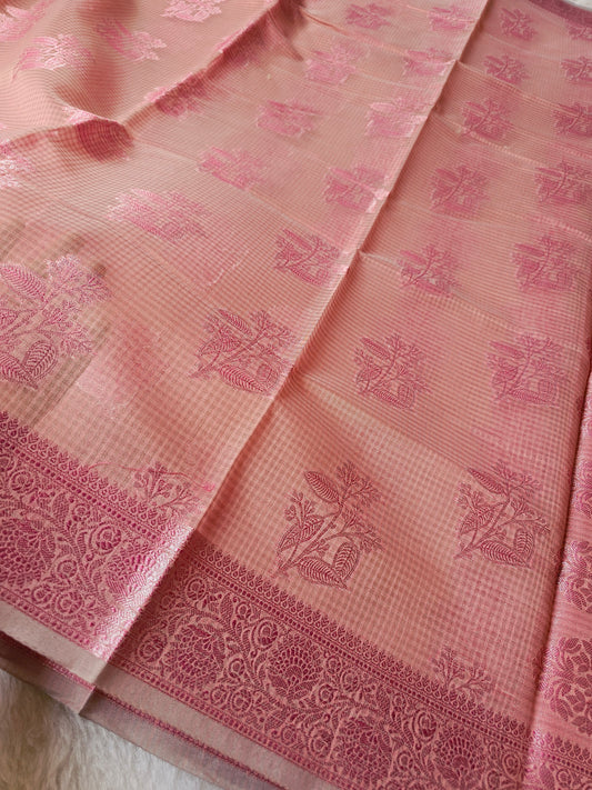 Banarasi Elegant Blush Pink Kota Cotton Silk Saree with Pink Zari Floral Buttis & Designer Woven Border