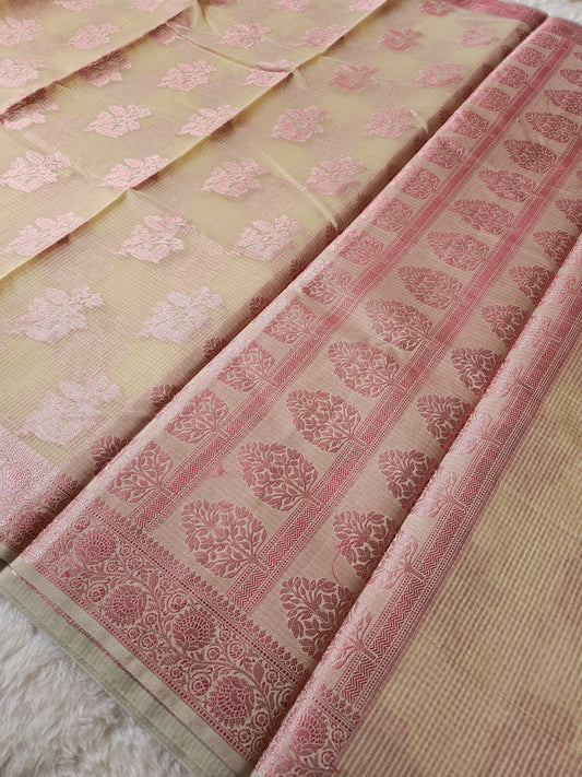 Banarasi Elegant Cream Kota Cotton Silk Saree with Pink Zari Floral Buttis & Designer Woven Border