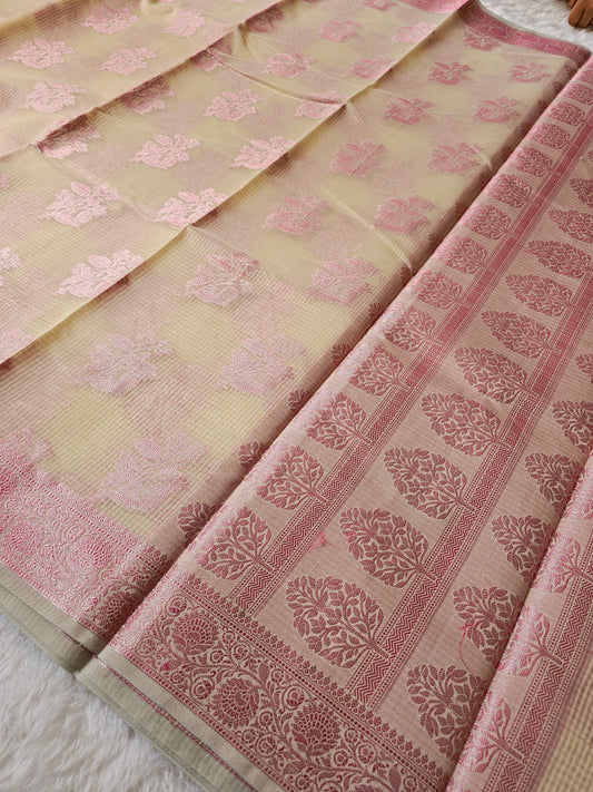 Banarasi Elegant Cream Kota Cotton Silk Saree with Pink Zari Floral Buttis & Designer Woven Border