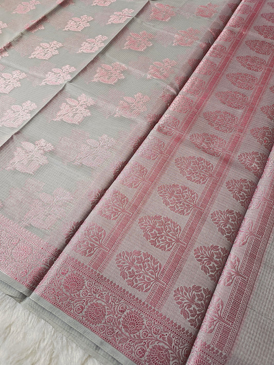 Banarasi Elegant Pearl Grey Kota Cotton Silk Saree with Pink Zari Floral Buttis & Designer Woven Border